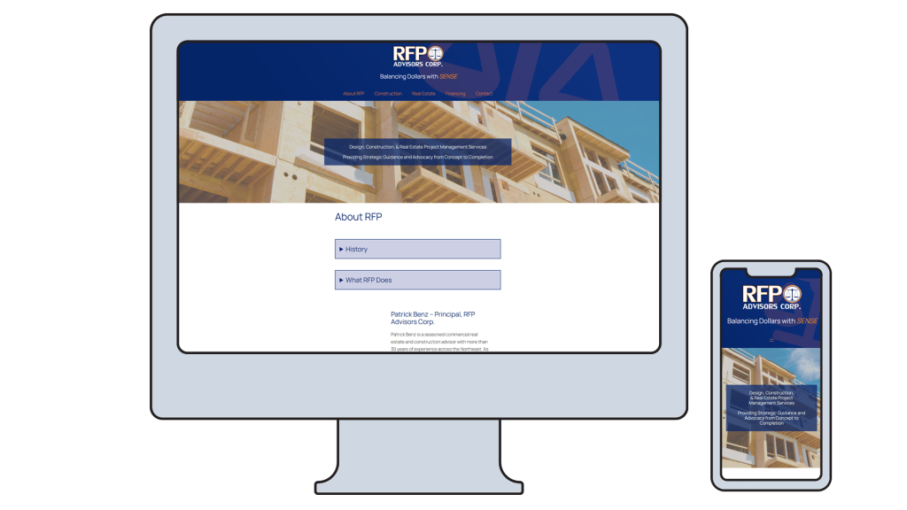 The RFP Advisors Corp. website on a desktop monitor and a phone
